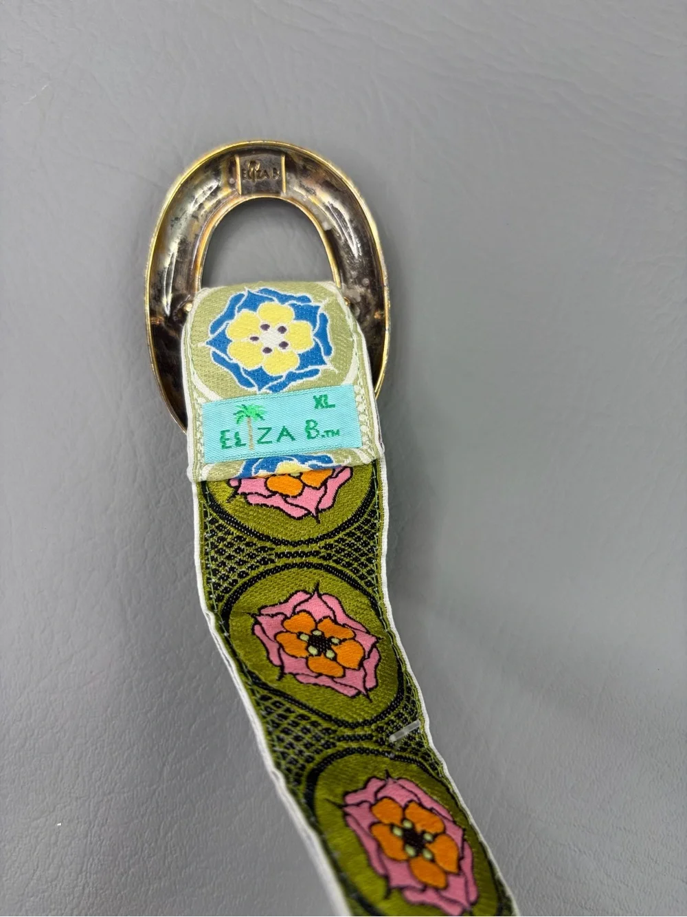Eliza B vintage able. XL. Olive Green Floral Woven Ribbon Belt with Metal Ring